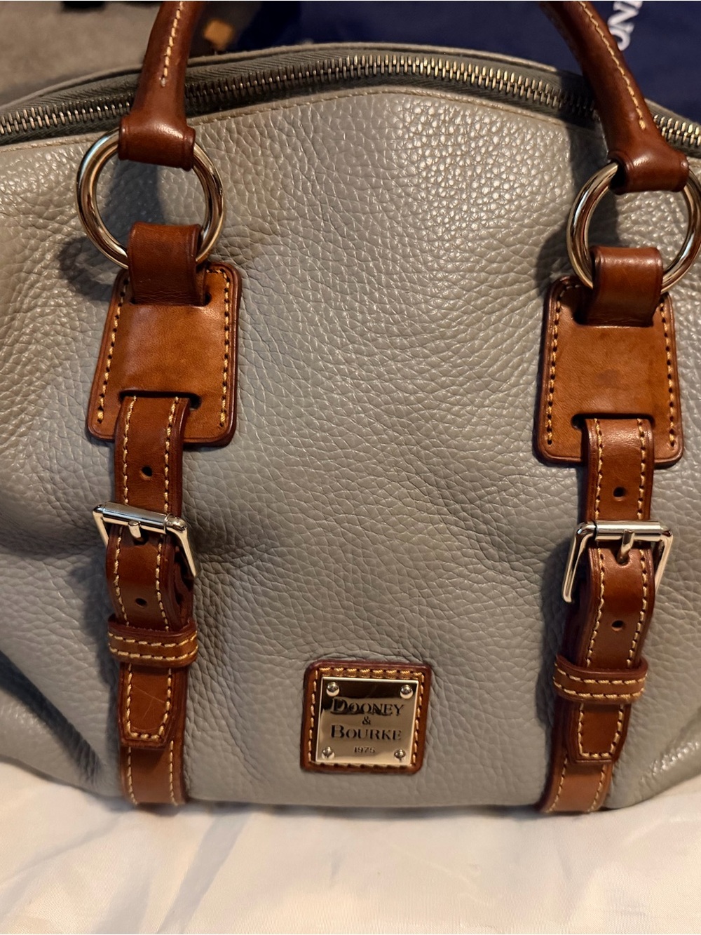 Dooney & Bourke Gray Pebbled Leather Satchel with Brown Trim and Gold Hardware